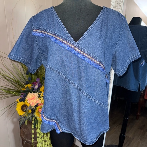 Denim Fringe Blouse - Picture 1 of 9